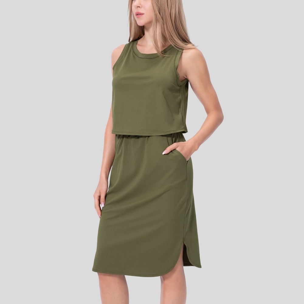 HALARA Sleeveless Side Pocket Cut Out Curved Hem One Piece Midi Casual Dress Lg